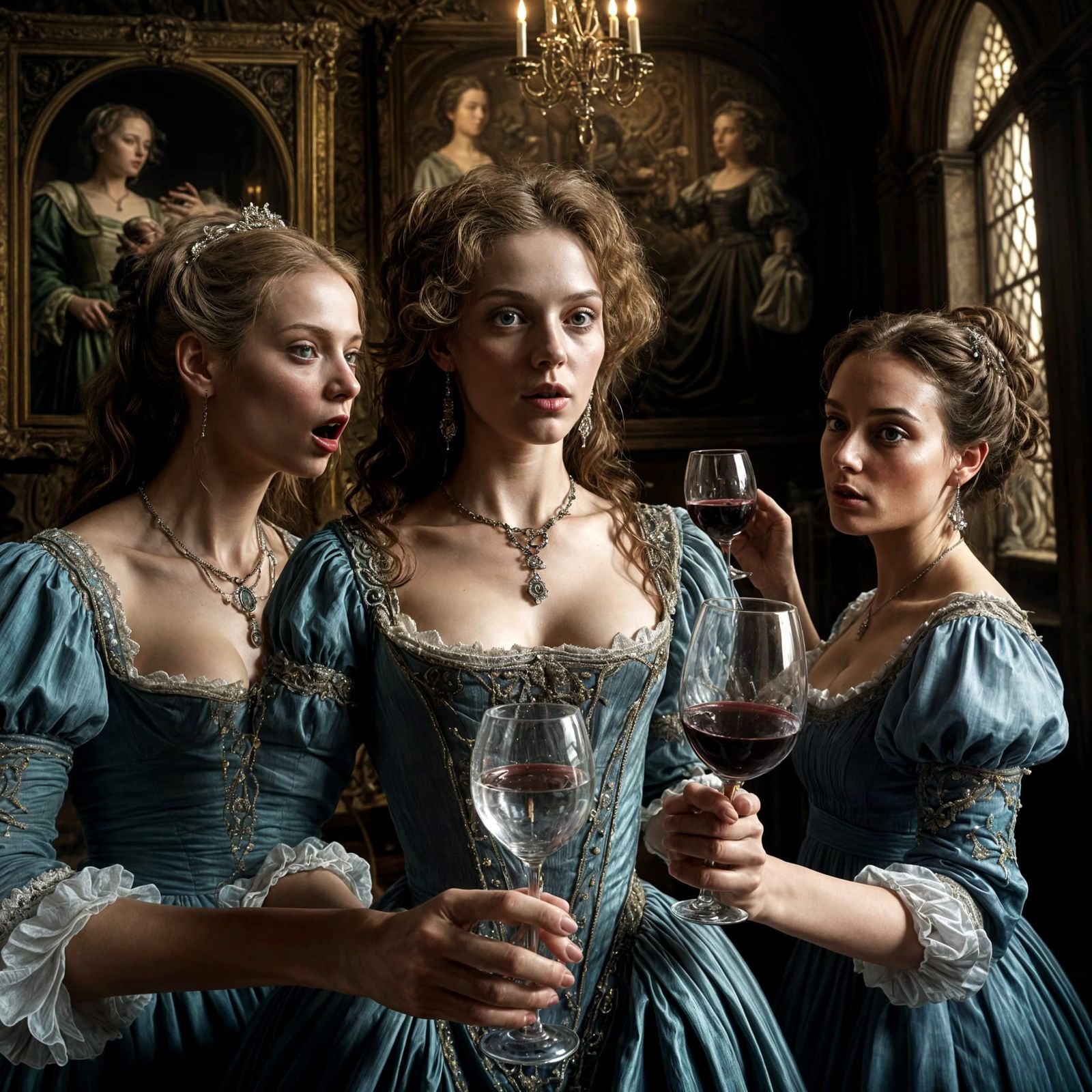 17th Century Women Drinking Wine in Renaissance Chamber