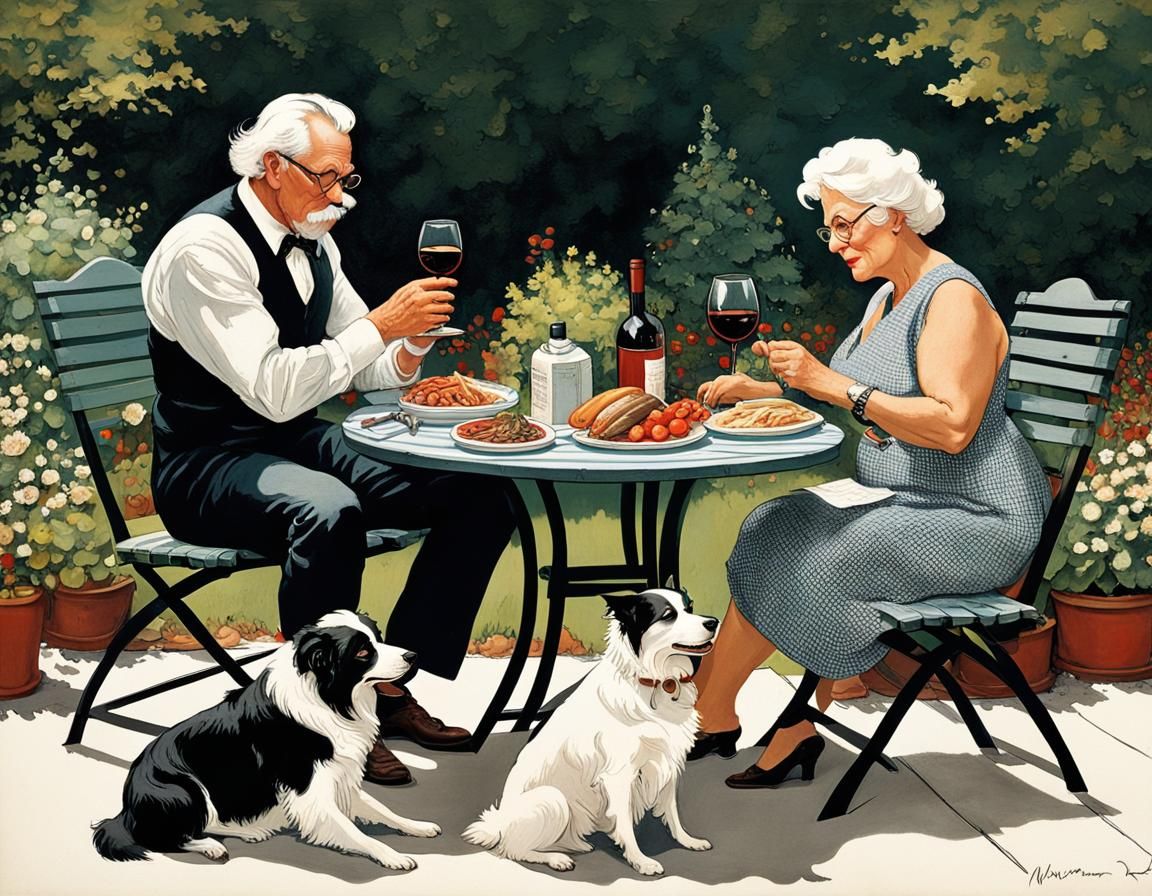 Family Lunch in Garden, Norman Rockwell Style