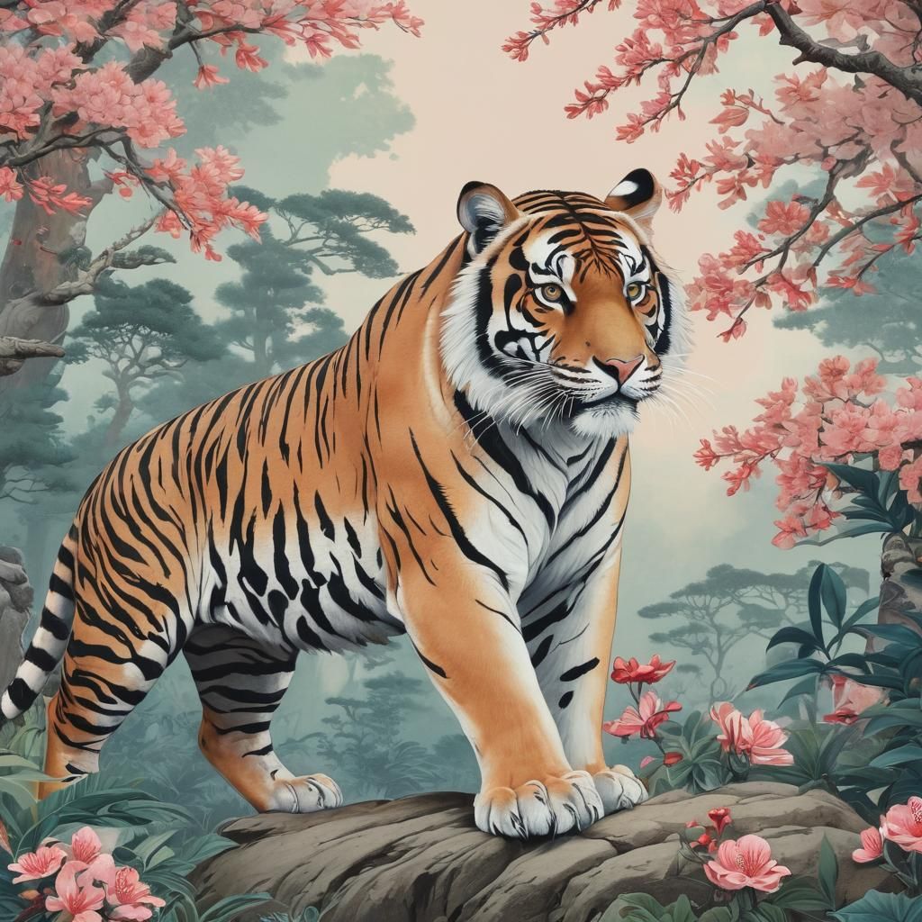 Ukiyo-e Tiger in Flowerpunk Style