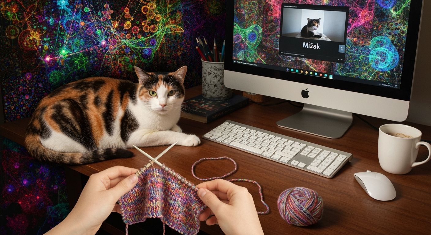 Cozy Desk Scene with Calico Cat and Knitting