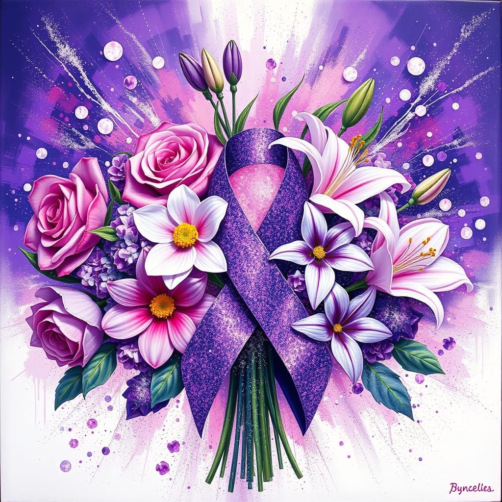 Vibrant Purple Flowers in Sparkling Explosion, Pop-Art Style