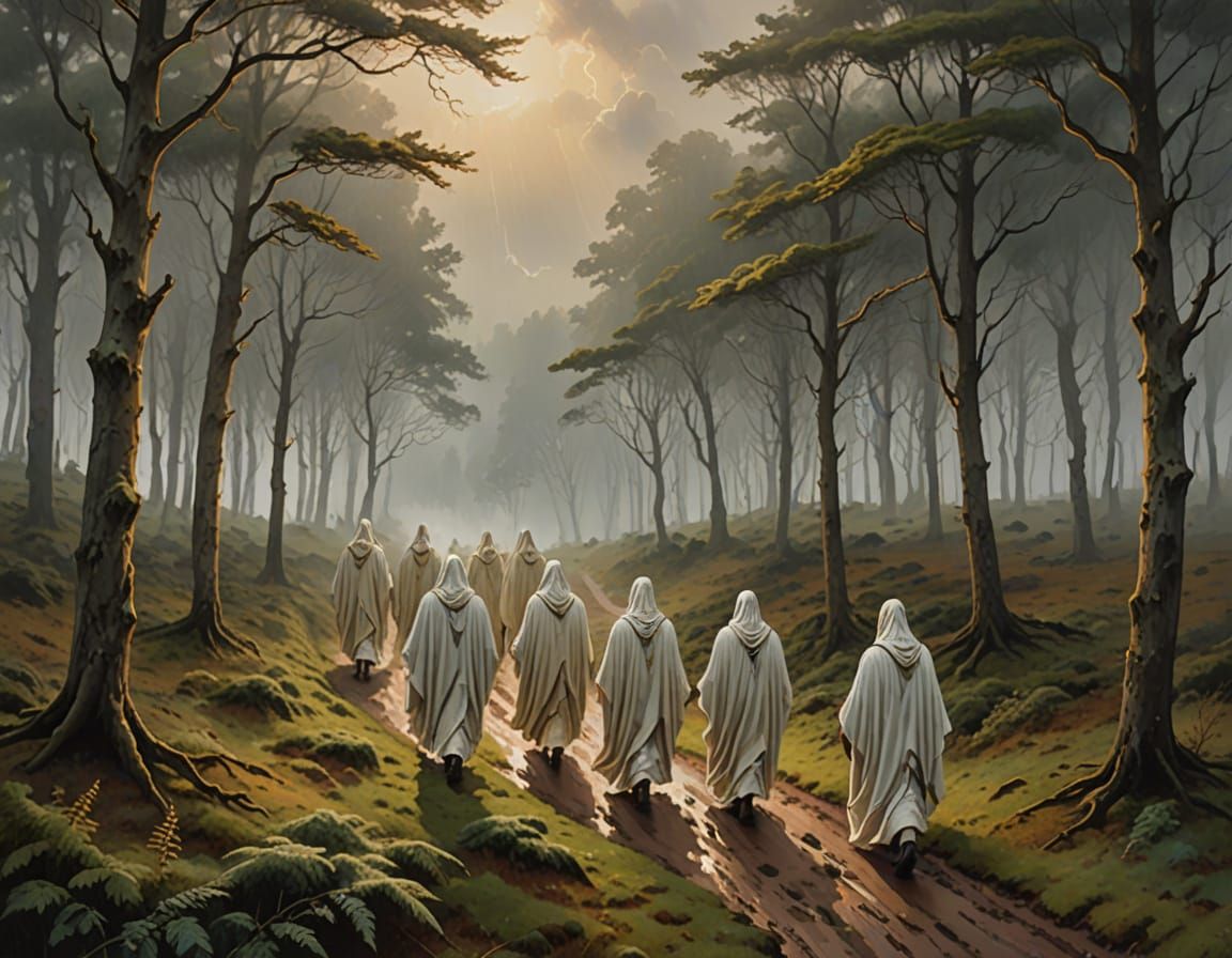 Druids in Moody Impressionist Landscape Painting