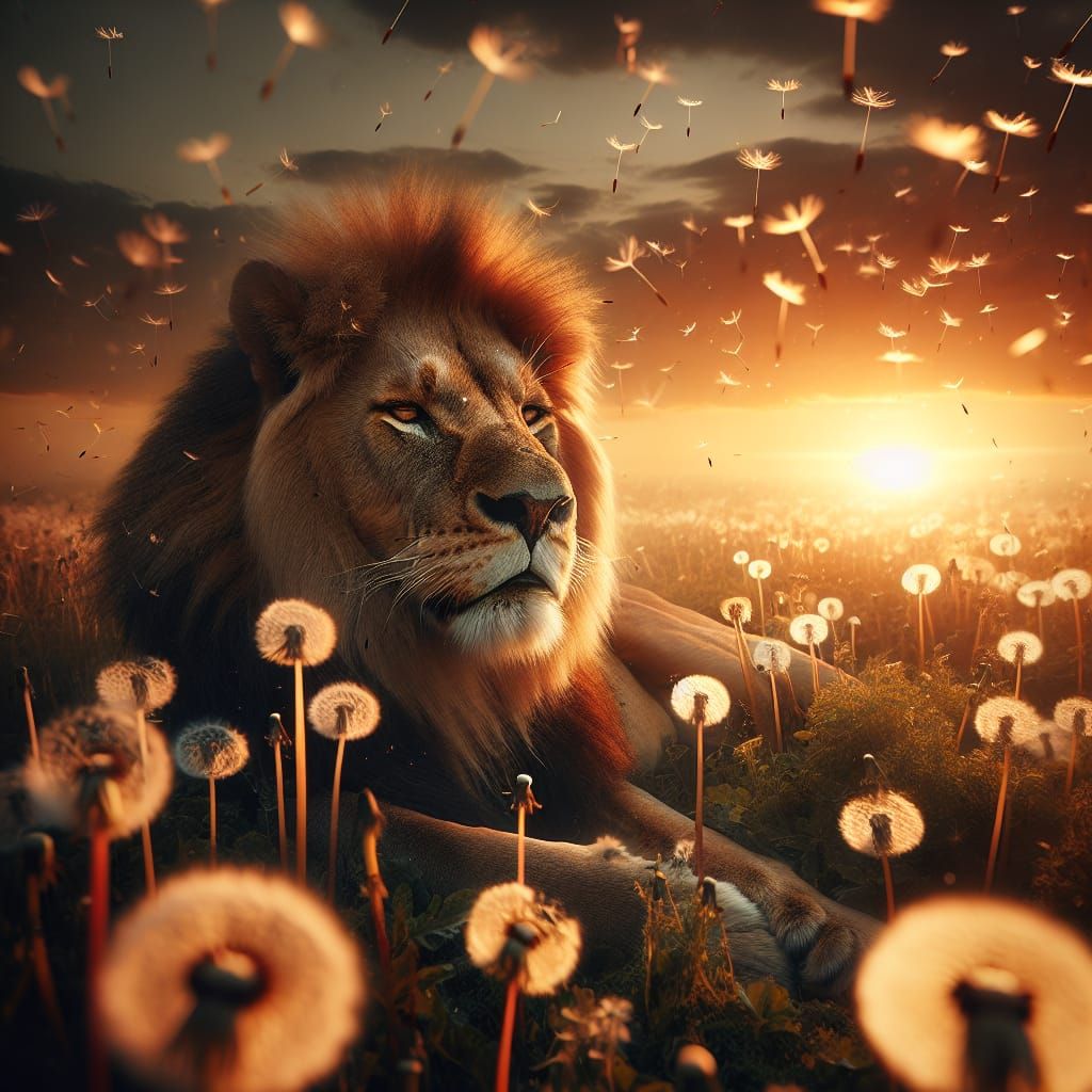 Majestic Lion in Dandelion Field