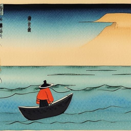 Seashore Fisherman in Ukiyo-e Watercolor Style