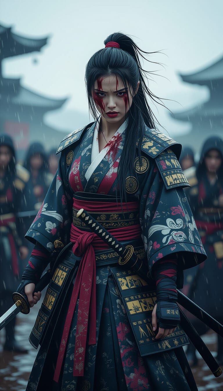 Furious Samurai Woman on Battlefield in Rain