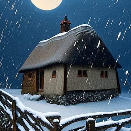 Winter Cottage in Blue Snowstorm