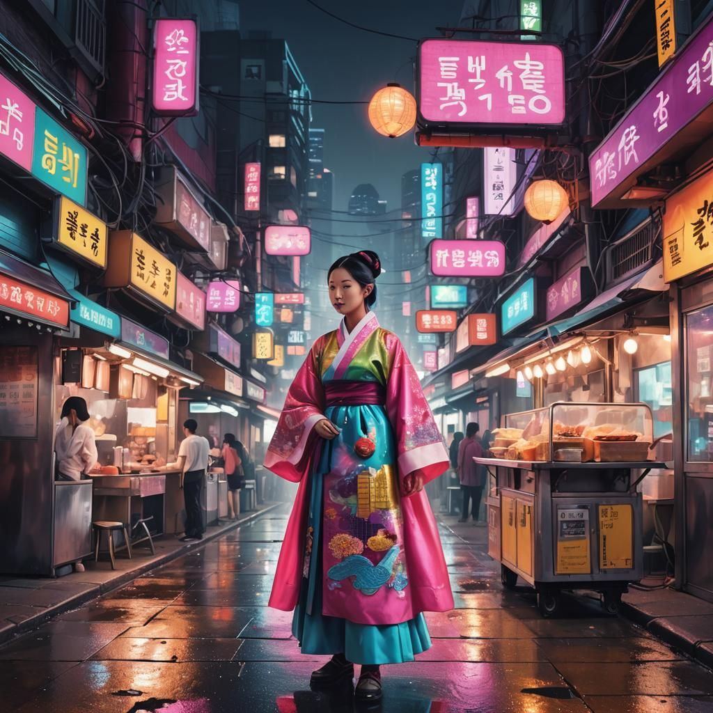 Futuristic Korean Street Food Vendor in Neon City