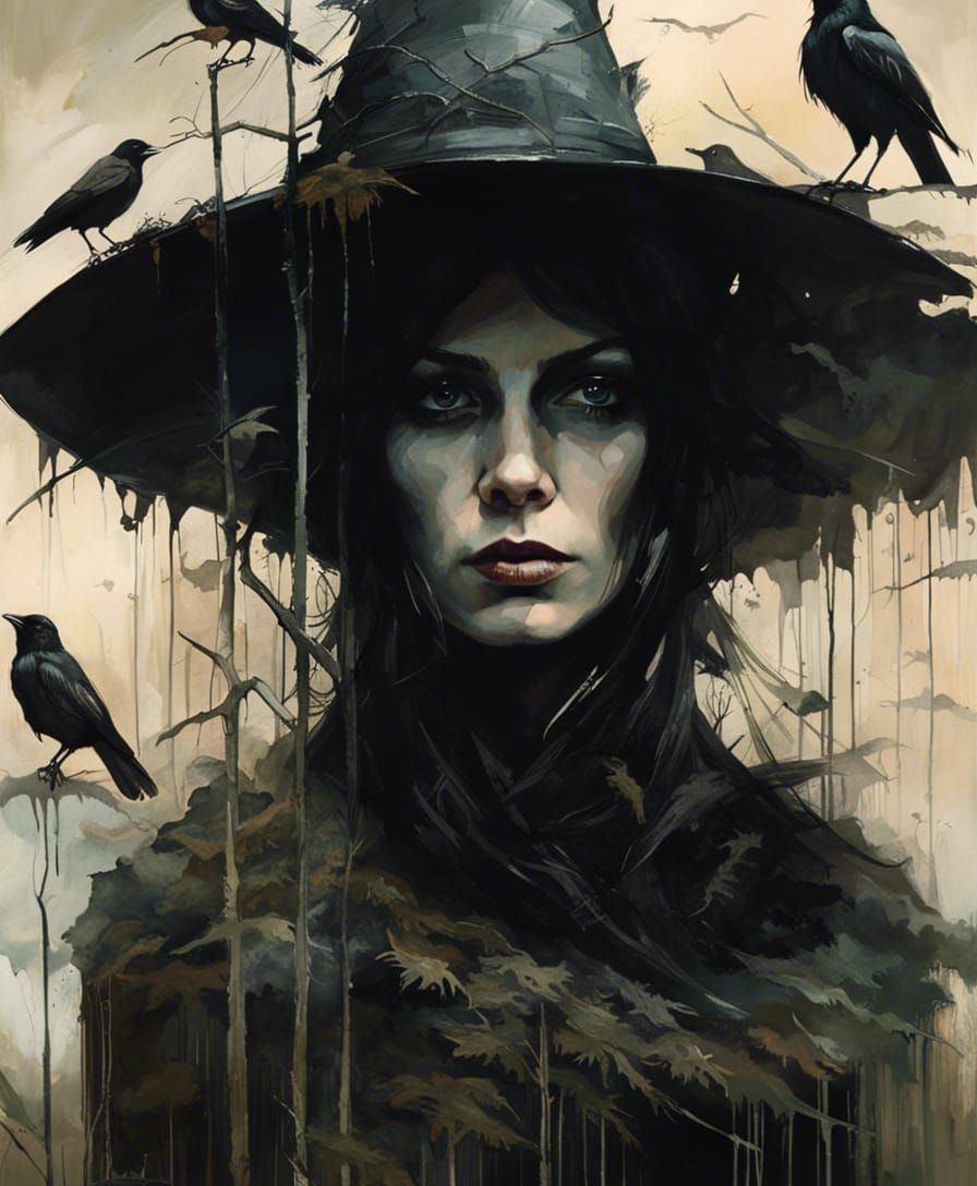 Swamp Witch Portrait with Crows: Sinister Fine Art