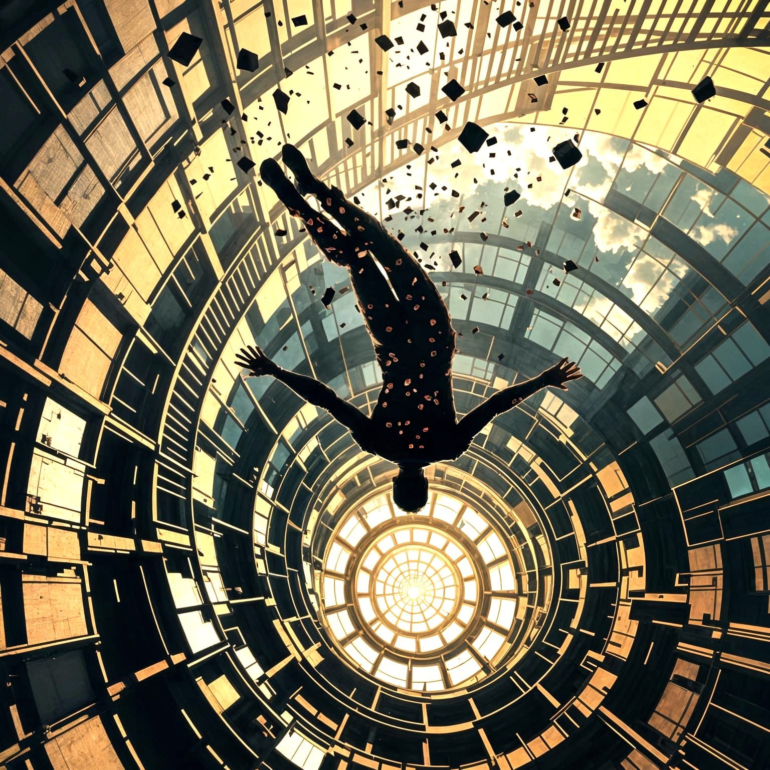 Disintegrating Figure on Skyscraper Edge in Architectural Su...