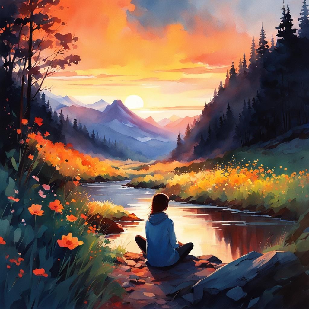 Watercolor Woman Camping at Sunrise in Wilderness