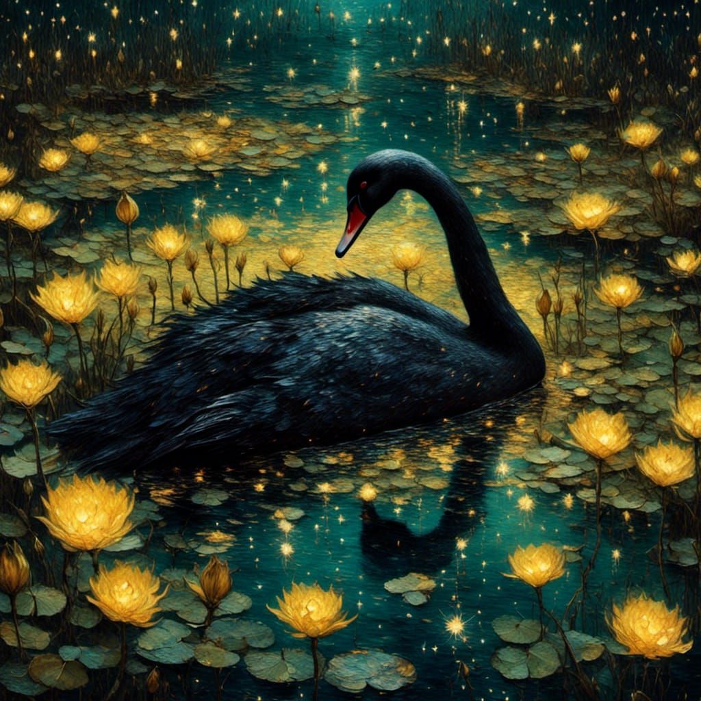 Black Swan in Starry Lily Pond: Van Gogh Style