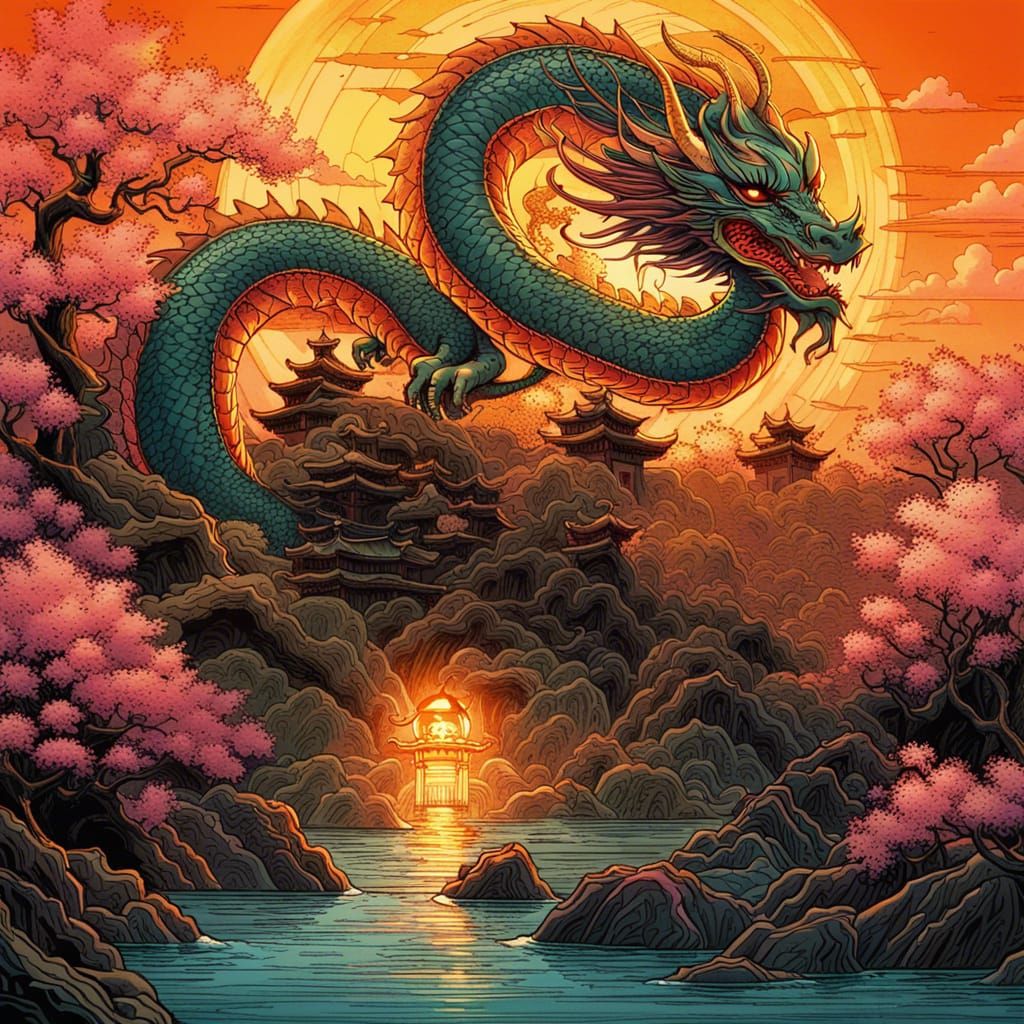 Gothic Dark Fantasy Dragon in Japanese Garden