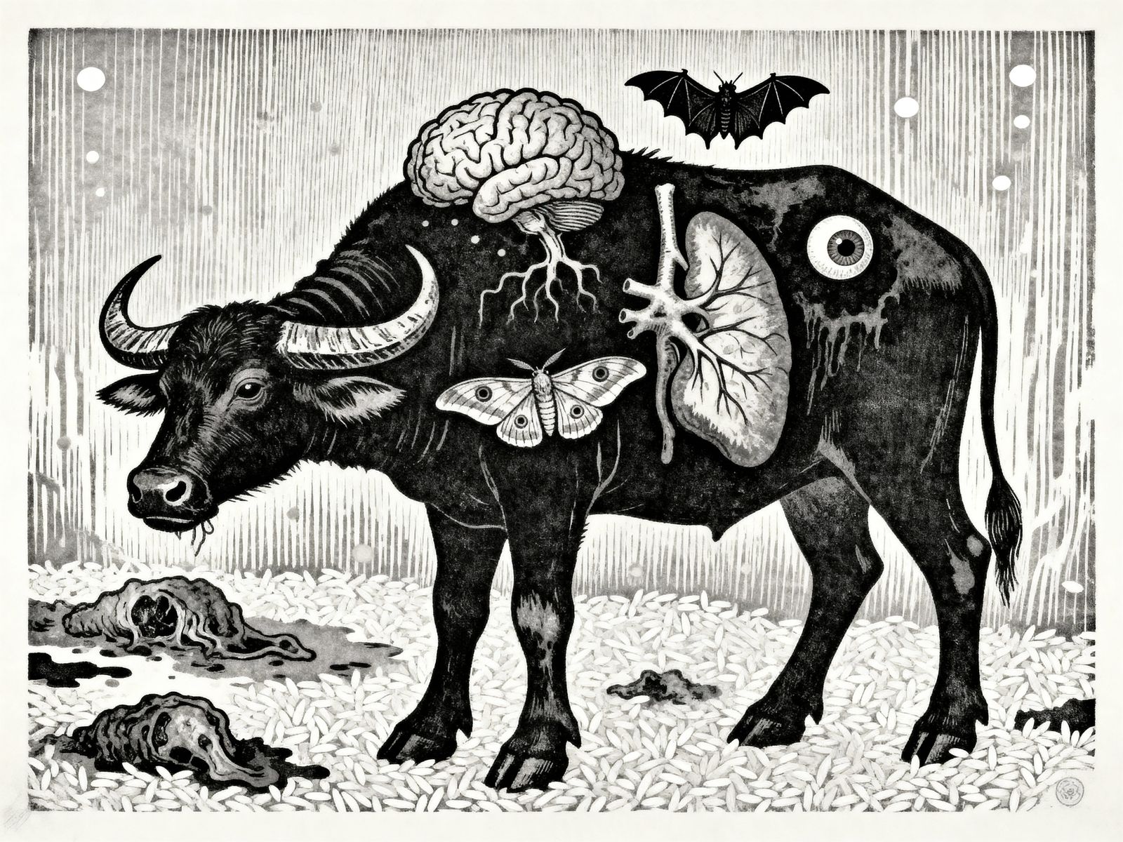 Horror Buffalo Hybrid with Brain, Bat, Moth, Eyeball, Lung