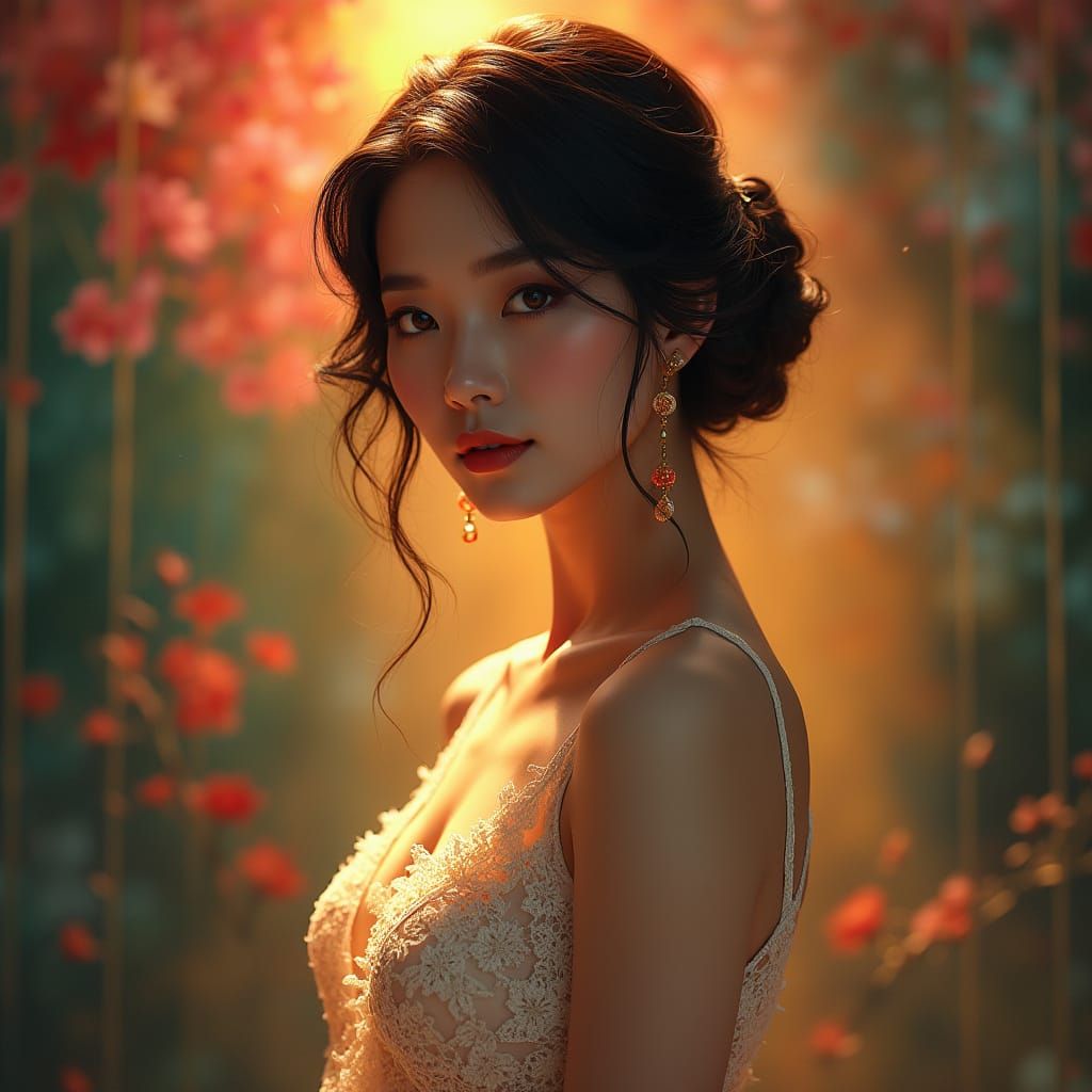 Elegant Chinese Woman in Lace Gown, Hyperrealistic Splash Ar...