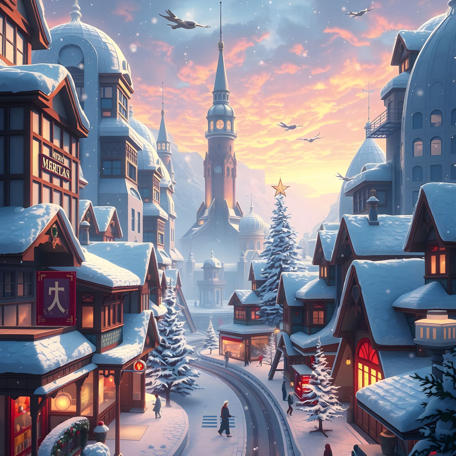 Whimsical 3D Anime Christmas Cityscape