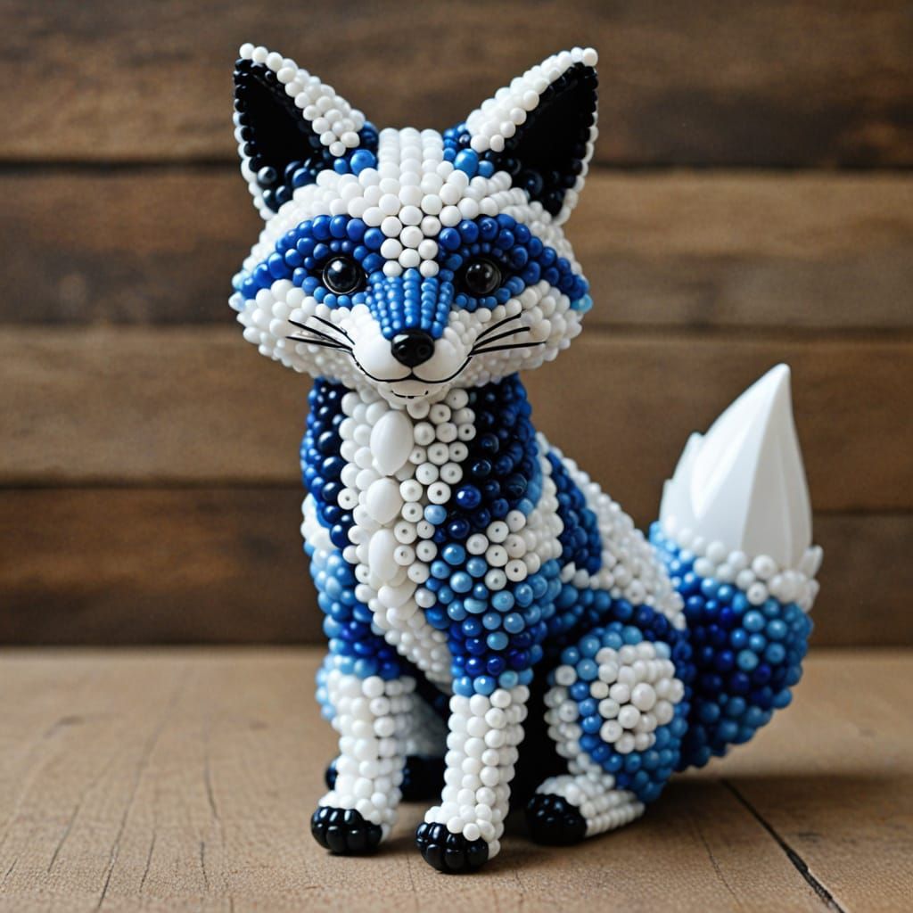 Beaded Fox Figurine in Blue, White and Grey