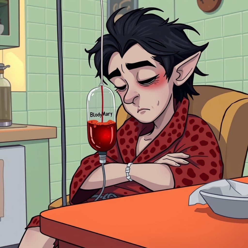 hyperrealistic cartoon image of a sleepy vampire with disheveled hair, wearing a spotted red leopard bathrobe.The vampir...