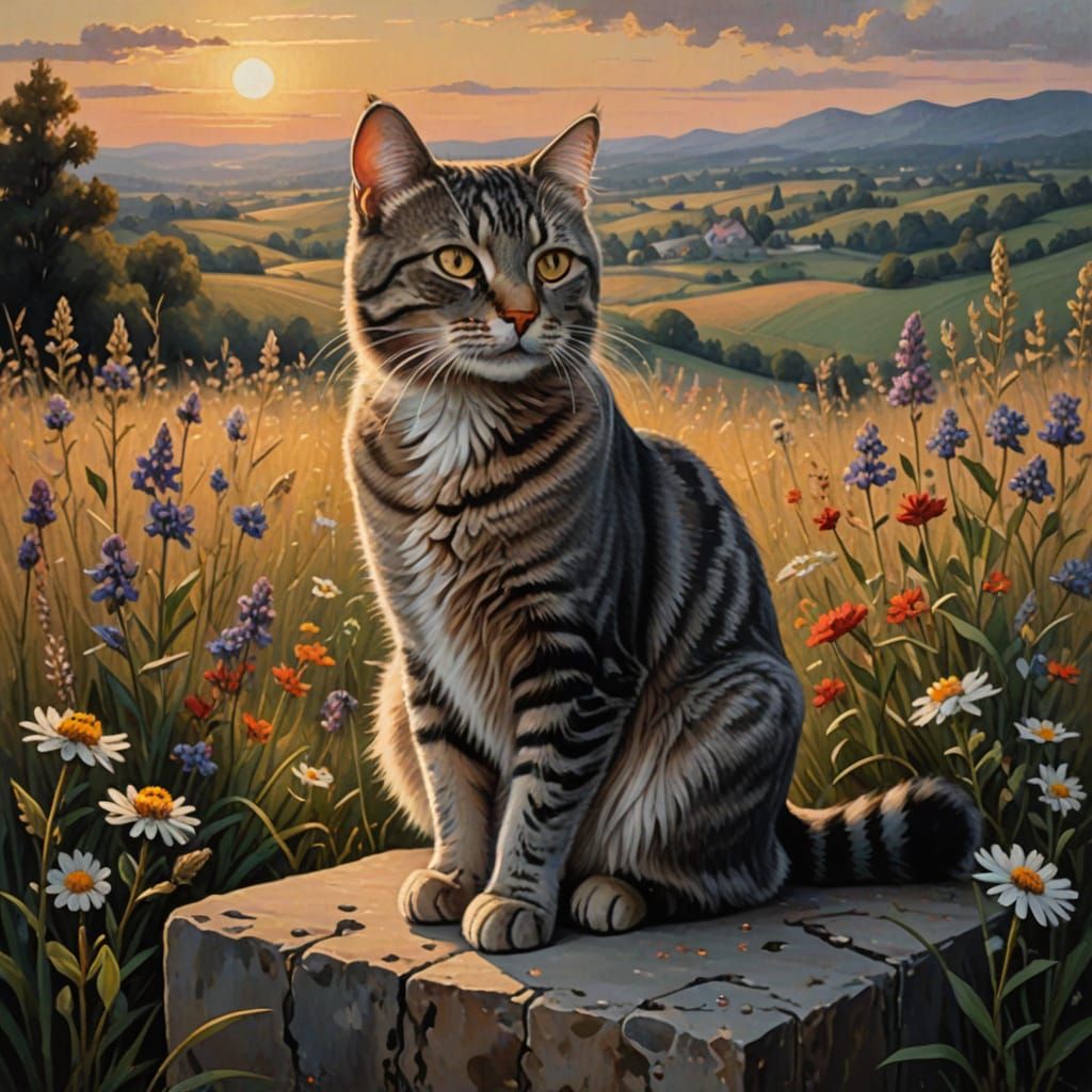 Gray Tabby Cat on Pedestal as Oil Painting