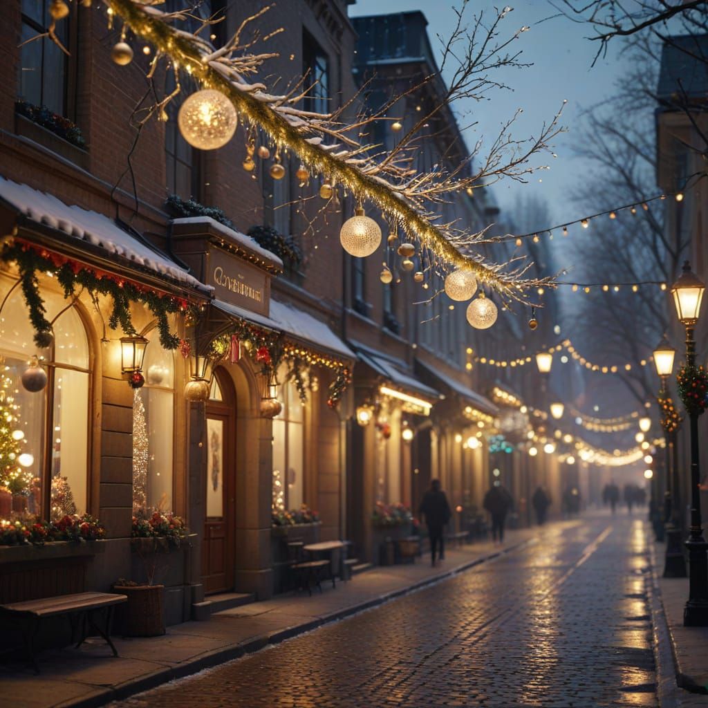 Snowy Christmas Street Scene with Festive Lights