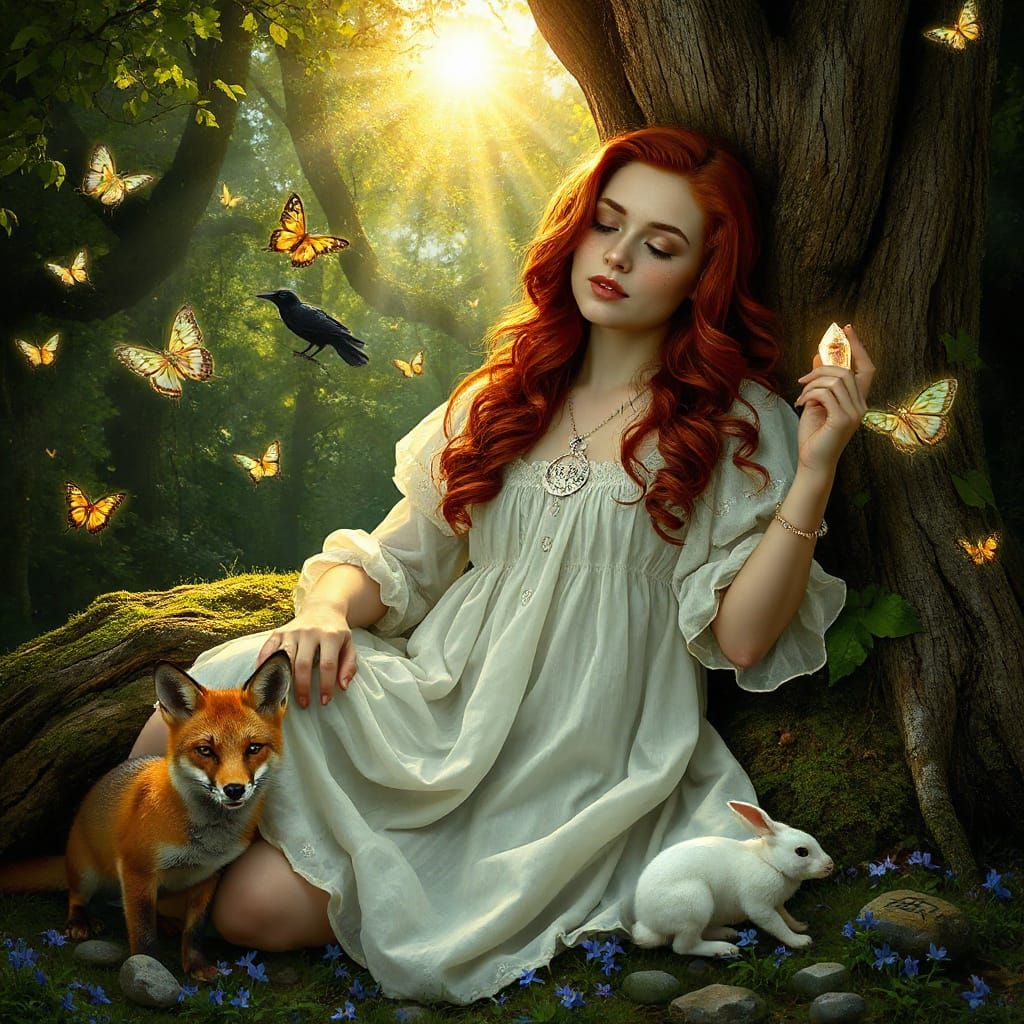 Pre-Raphaelite Enchantress in Mystical Forest Glade at Dawn