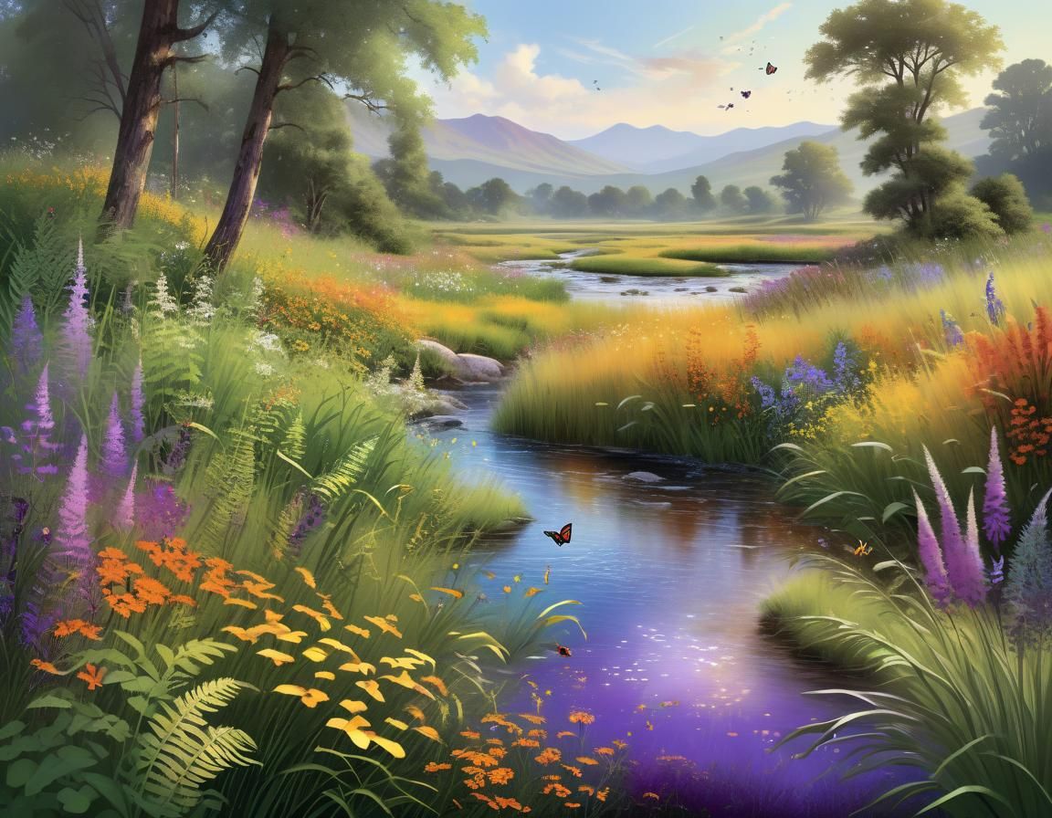 Photorealistic Meadow Panorama with Wildflowers