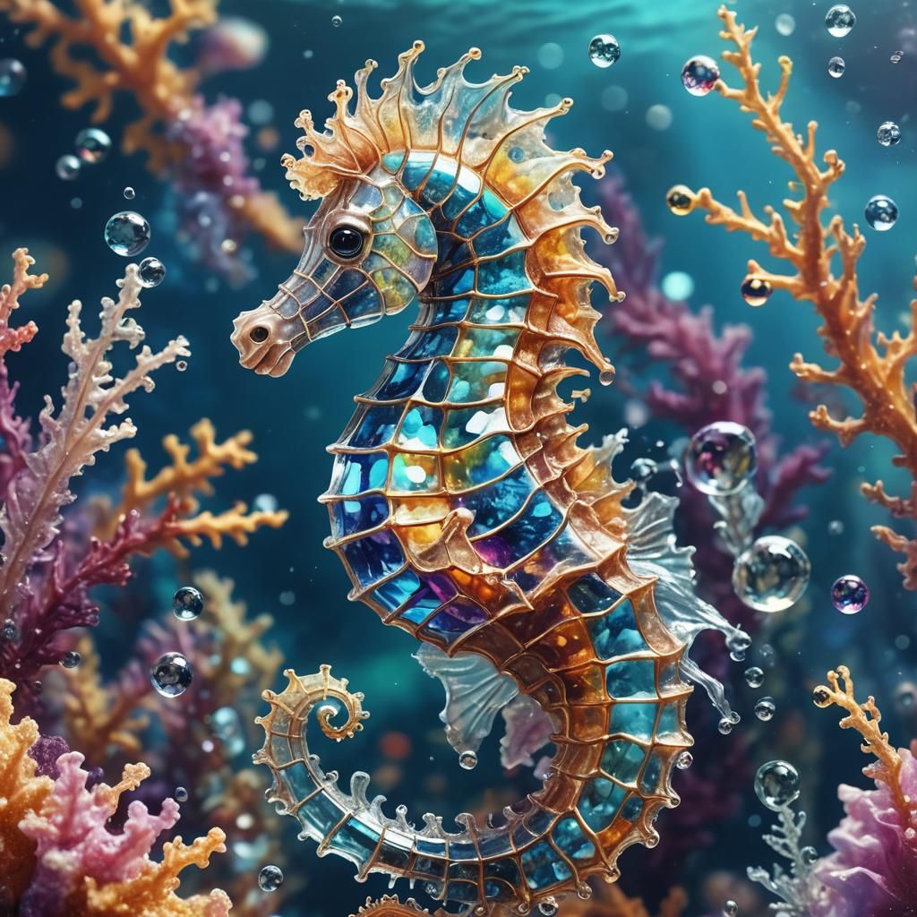Adorable Translucent Seahorse Swimming in Ocean, Macro Image