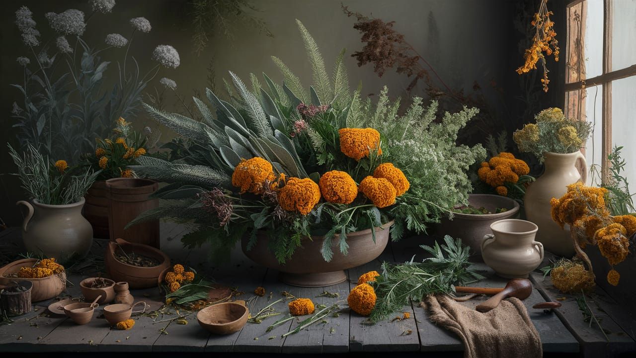 Rustic Apothecary Table with Herbs and Flowers