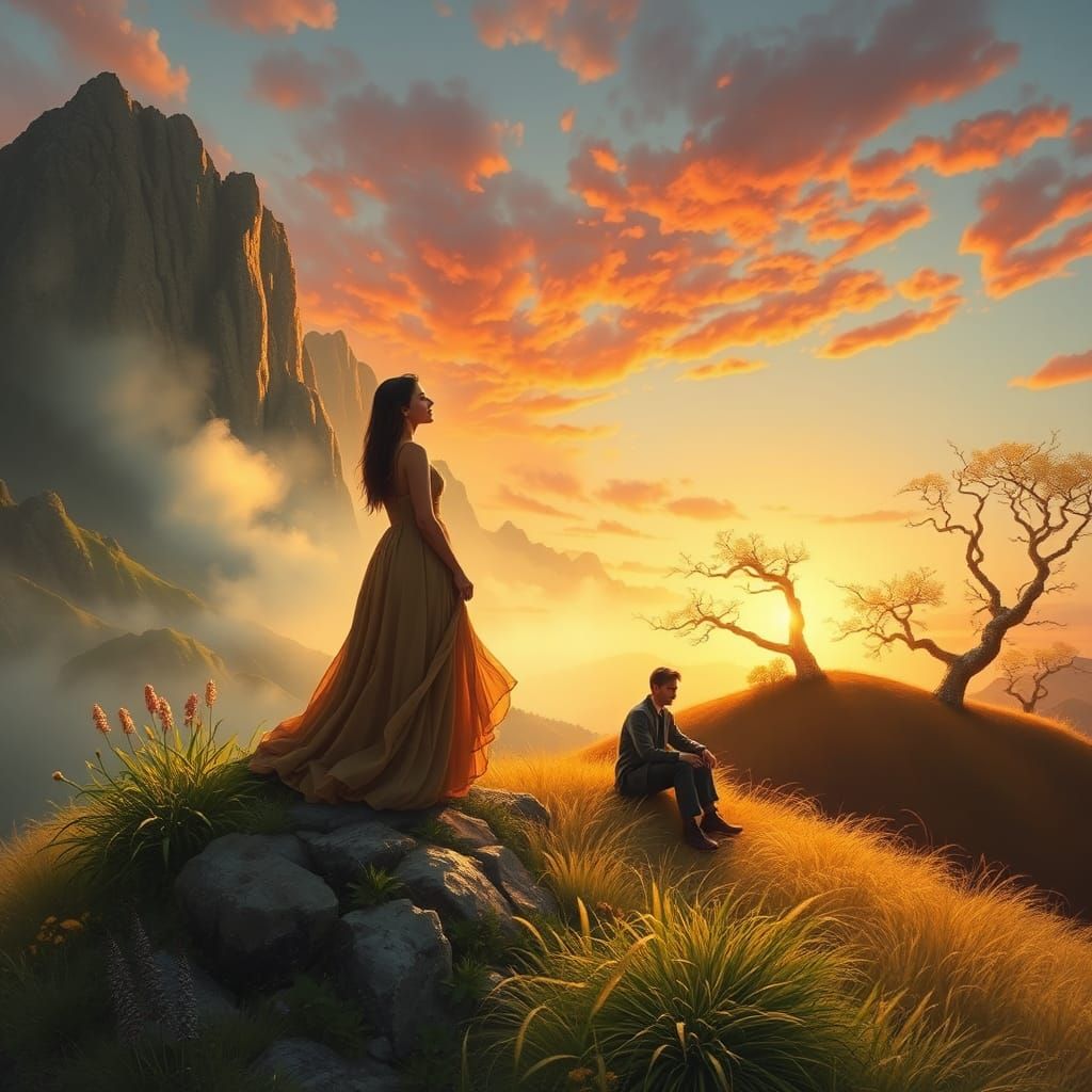 Romantic Mountain Scene in Oil Painting Style