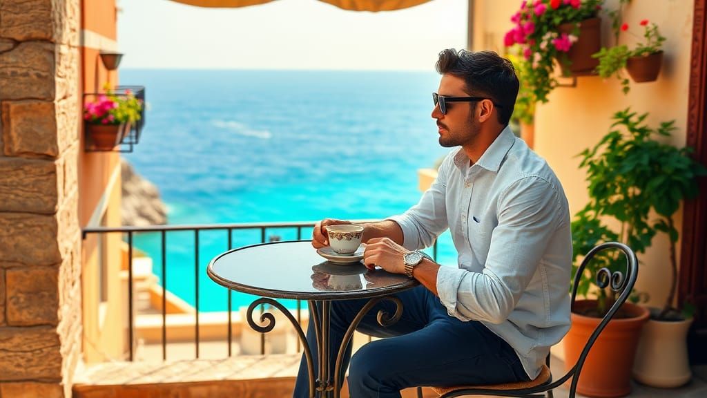 Tourist Sipping Cappuccino in Quaint Sicilian Cafe