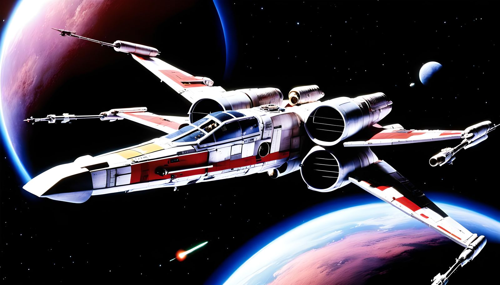 X-Wing Fighter in Dynamic Flight, 70s Film Style