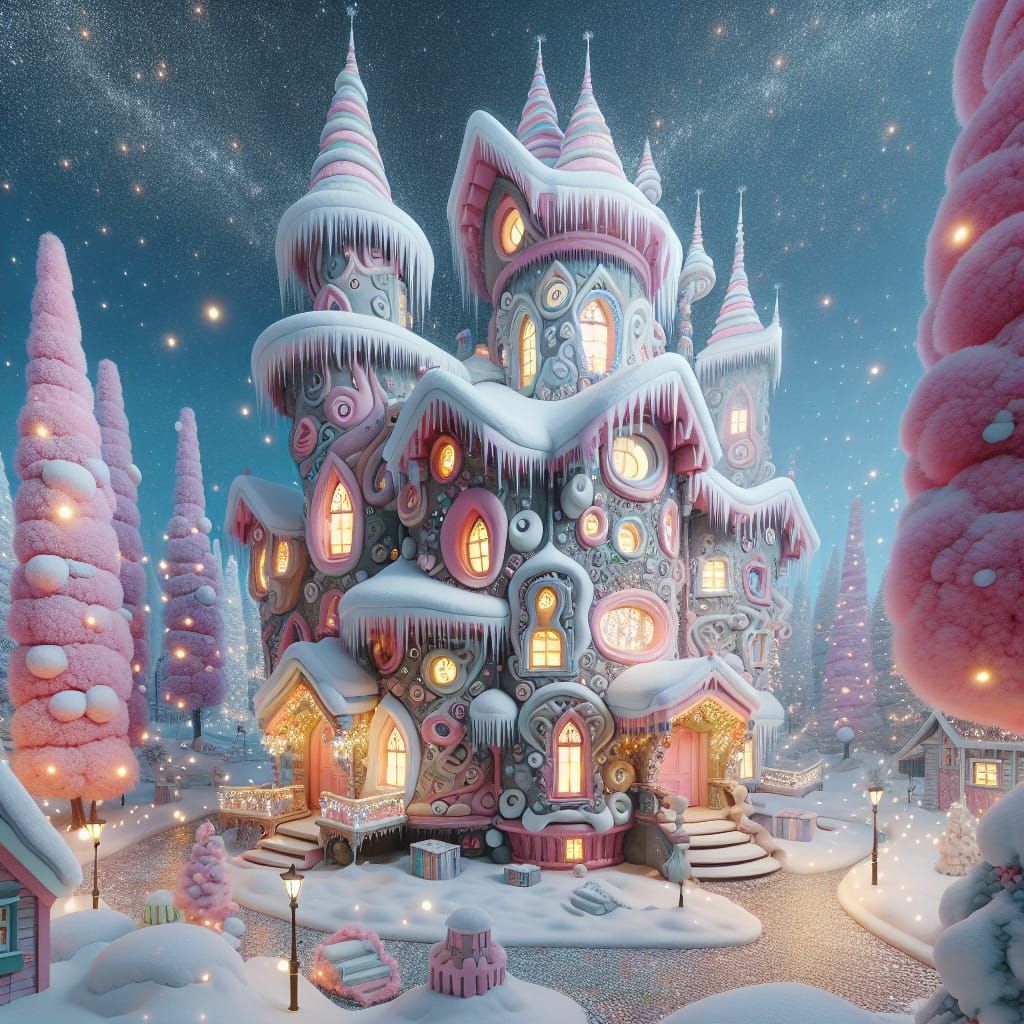 a whimsical Dr. Seuss-style house set in a magical winter wonderland.