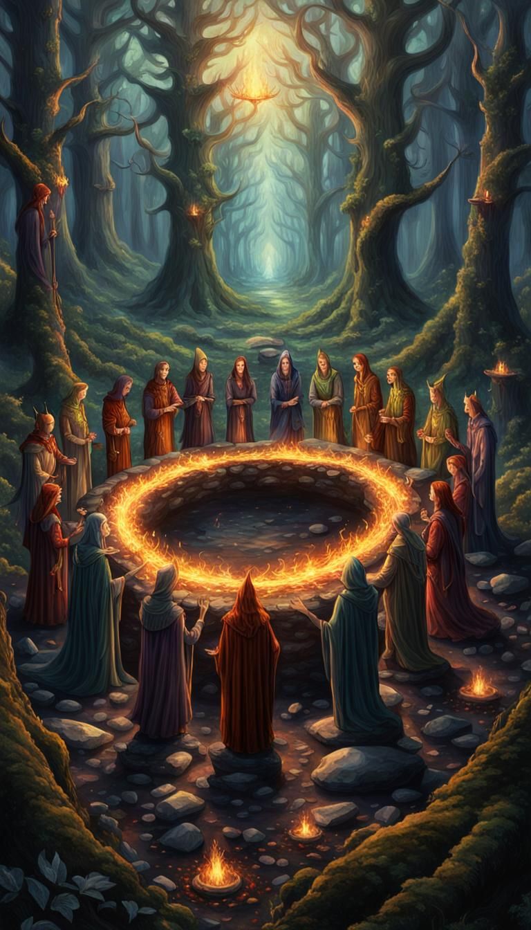 Elves Conjure Mystic Fire in Ancient Forest