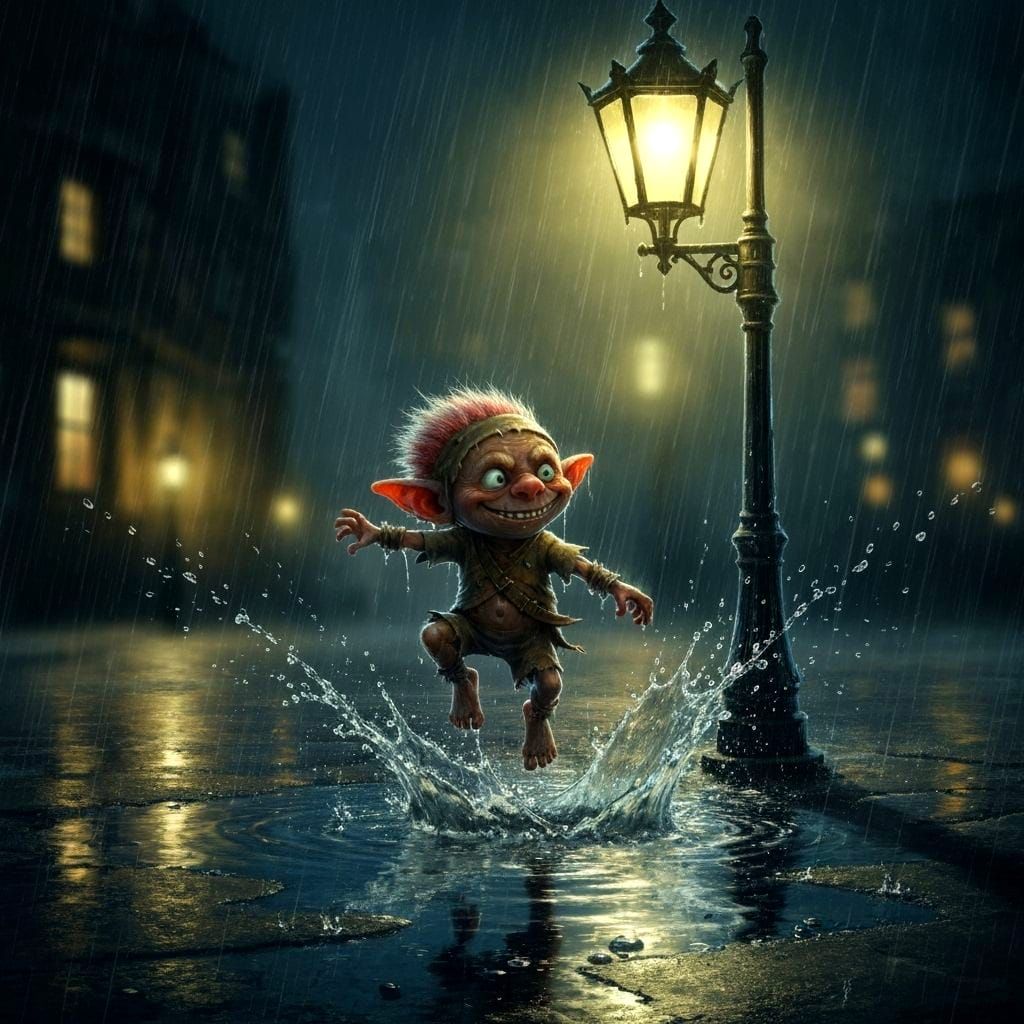 Mischievous Rain Troll Jumps Through Puddle Under Streetlamp