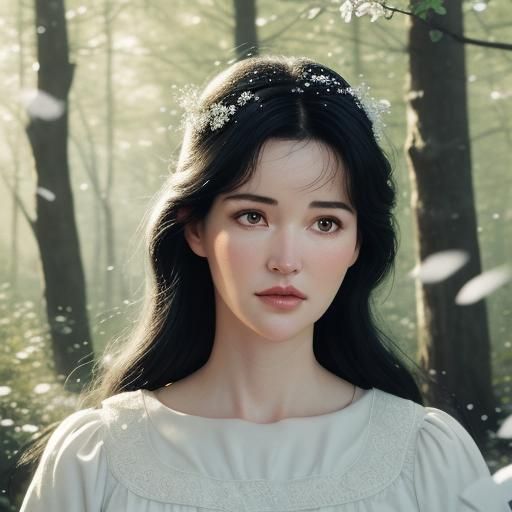 Snow White Portrait in Serene Forest, Golden Light