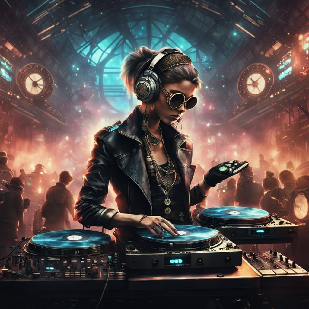 Glamorous Steampunk DJ in High-Energy EDM Setting