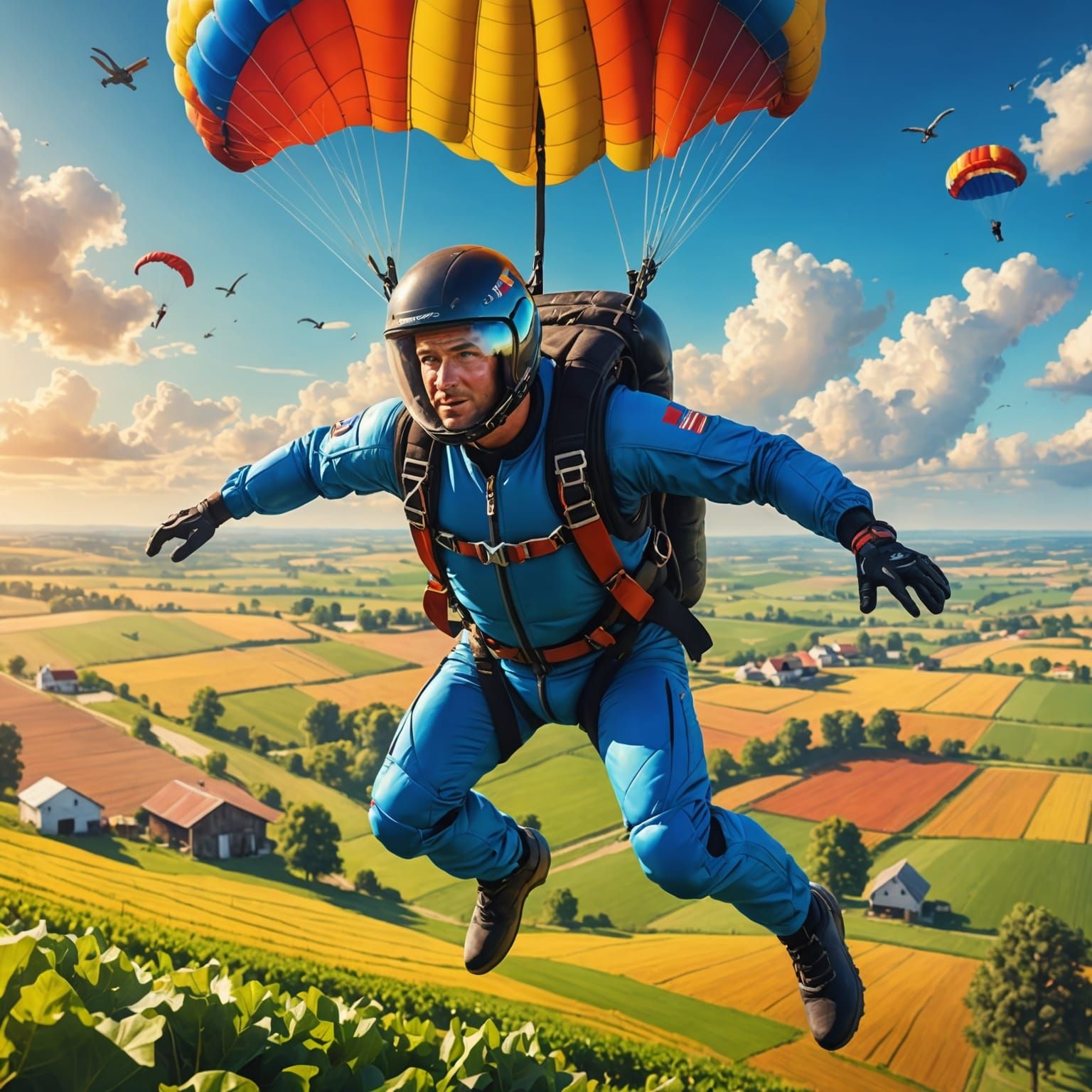 Skydiver Over Farm Landscape: Hyperrealistic Splash Art