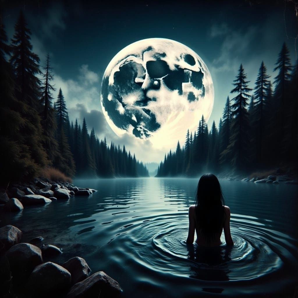 Woman Swimming in Lake Under Full Moon