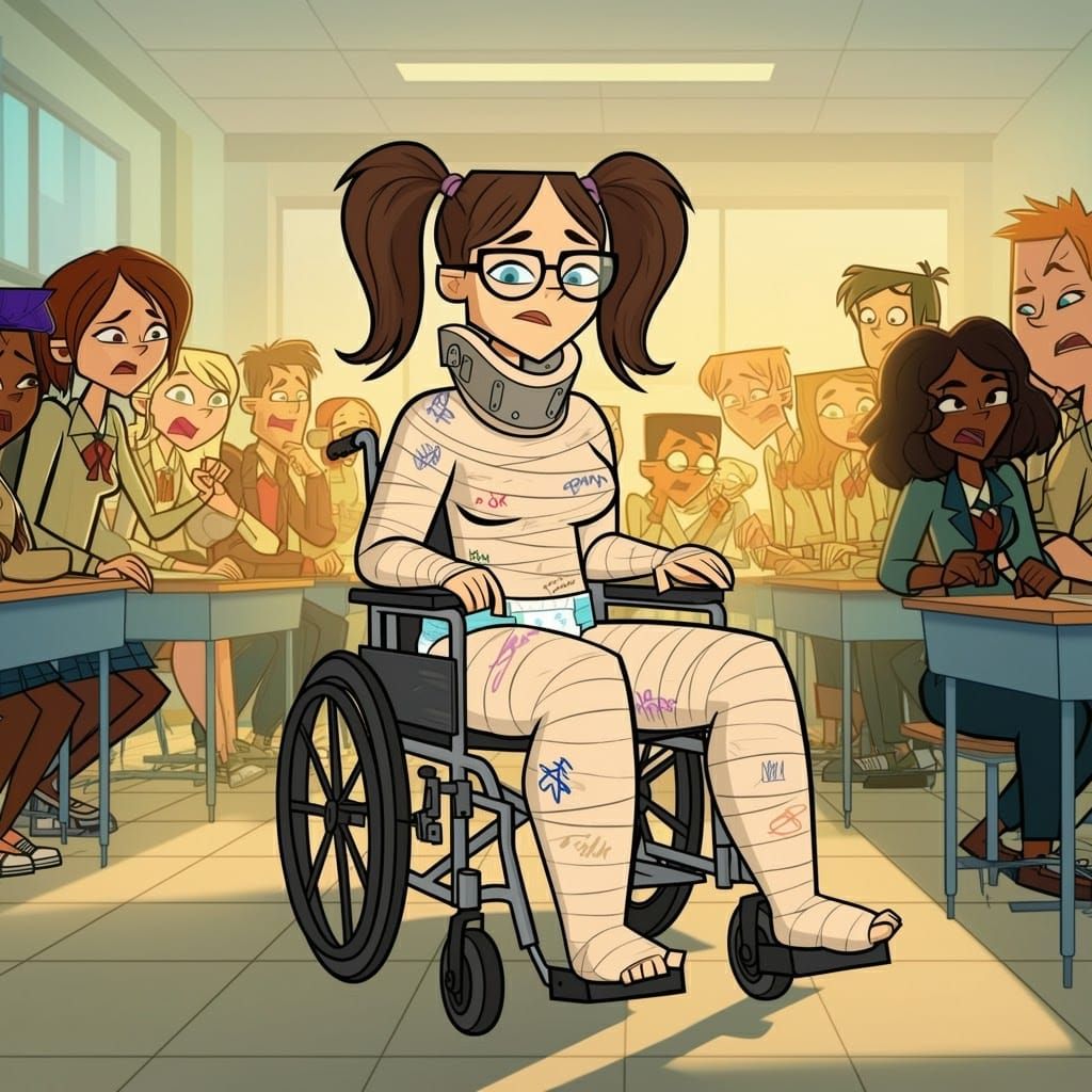 Cartoon Girl in Full Body Cast in Classroom