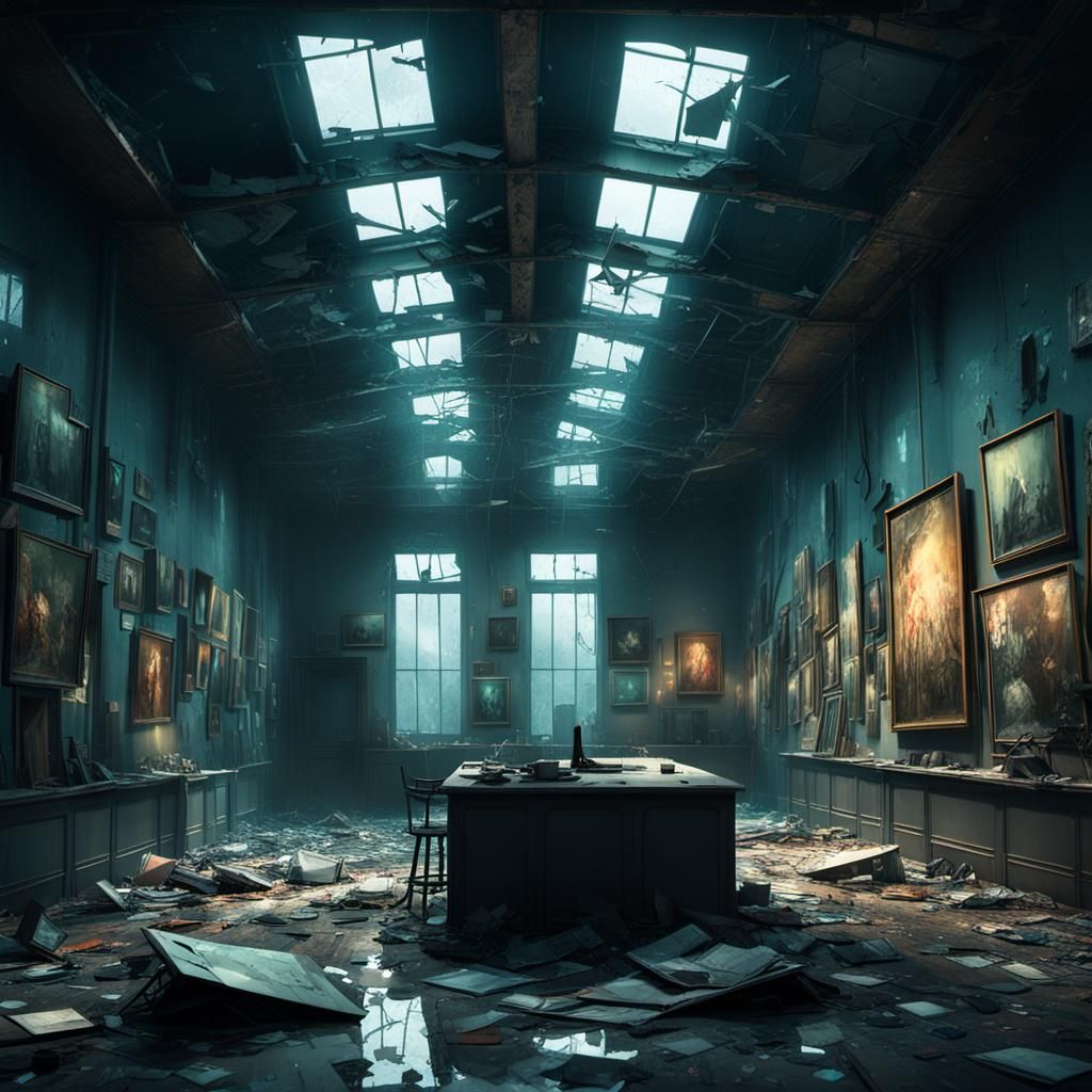 Surreal Dystopian Gallery with Shattered Glass and Forgotten...