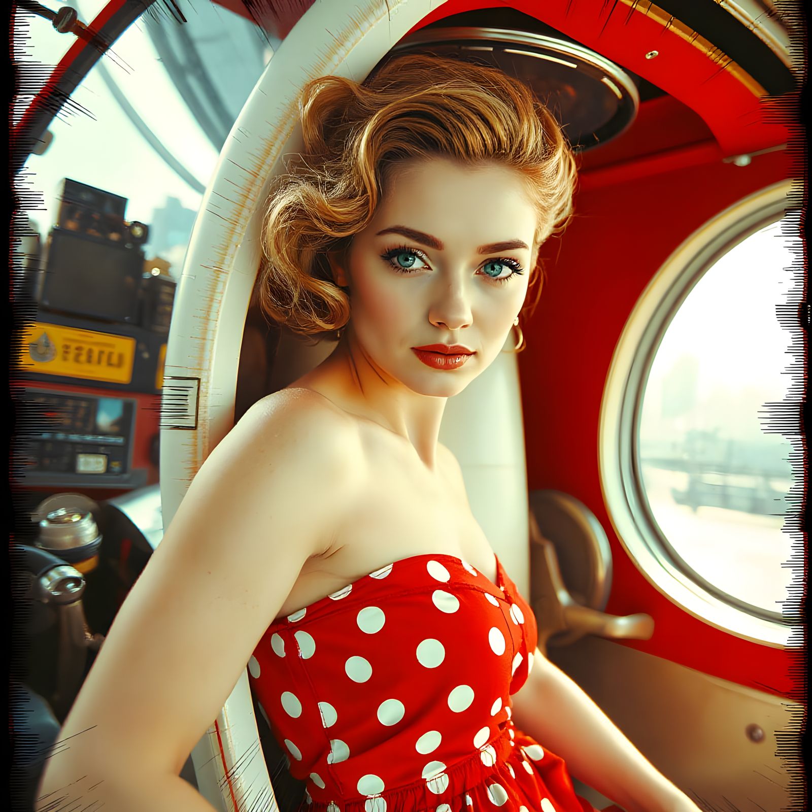 Retro Pin-Up Girl in Glitch Art Rocket Ship