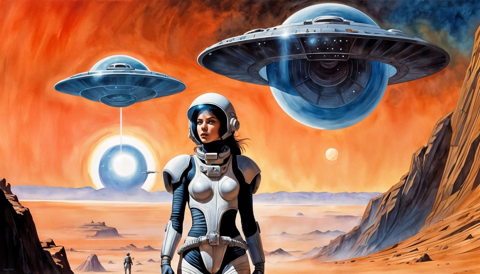 Sci-Fi Heroine on Alien Planet Watercolor Painting