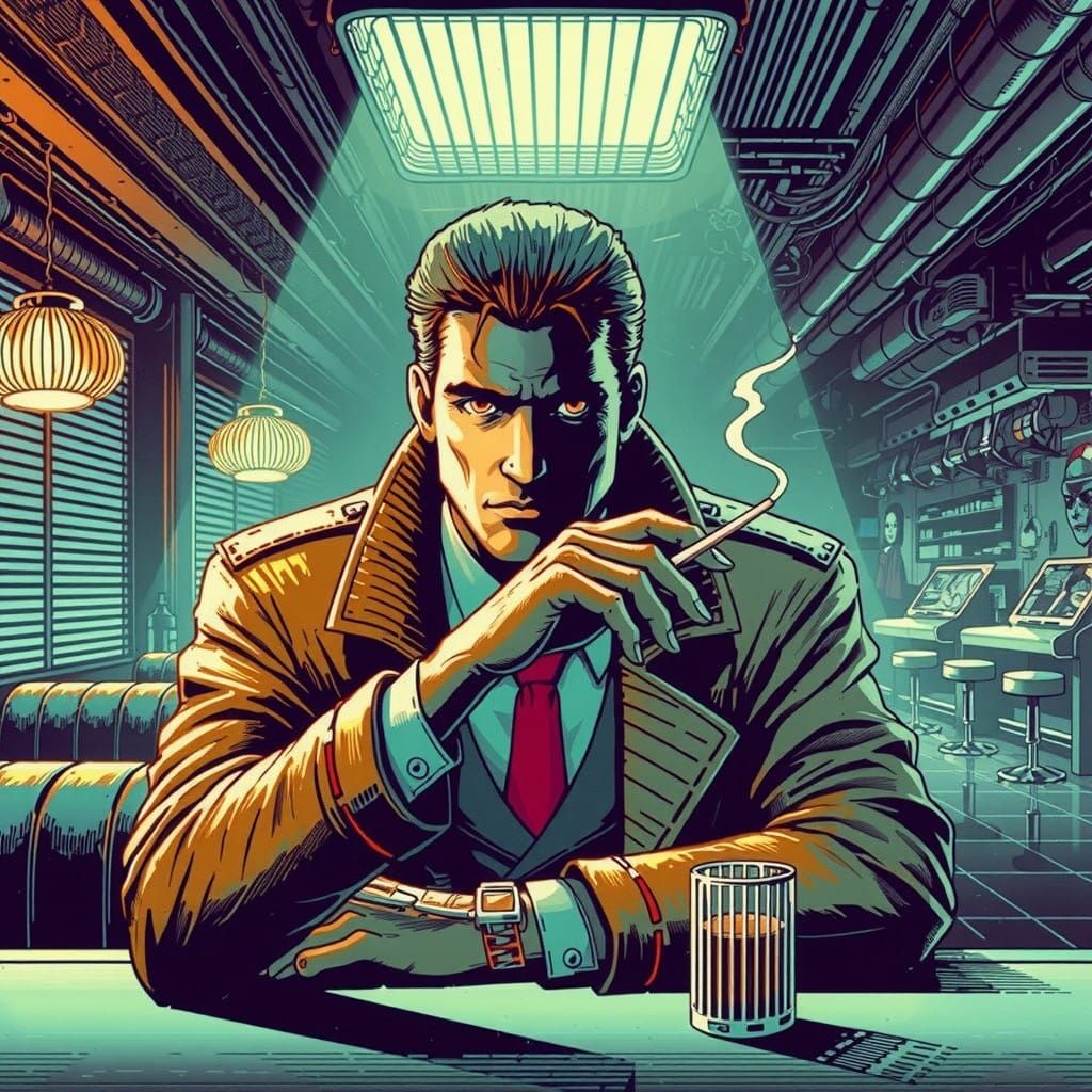 Epic Cyberpunk Café Scene in Chiaroscuro Style