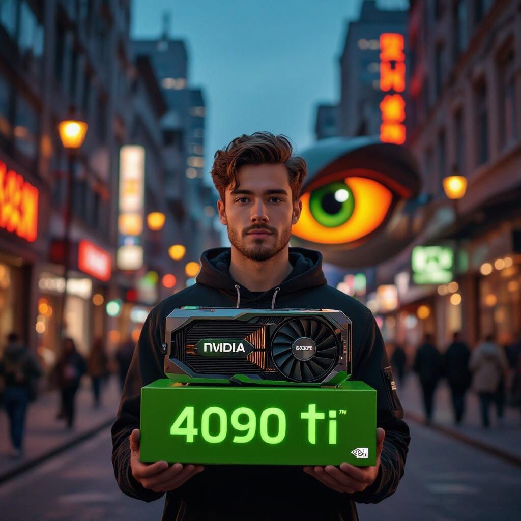 Nvidia 4090 Ti Ad with Cityscape Background