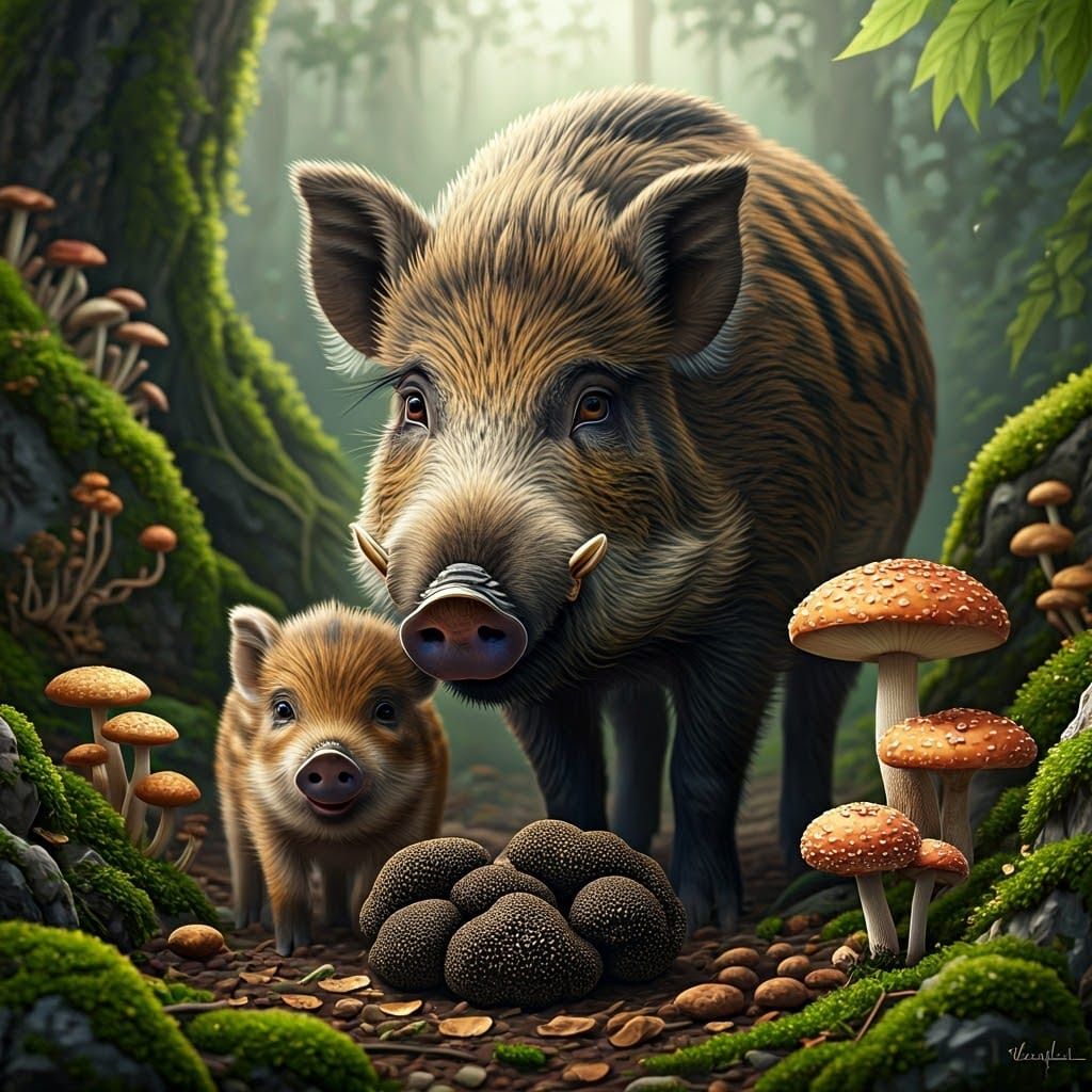 Wild Pigs Discover Truffle Mushrooms in Enchanted Forest