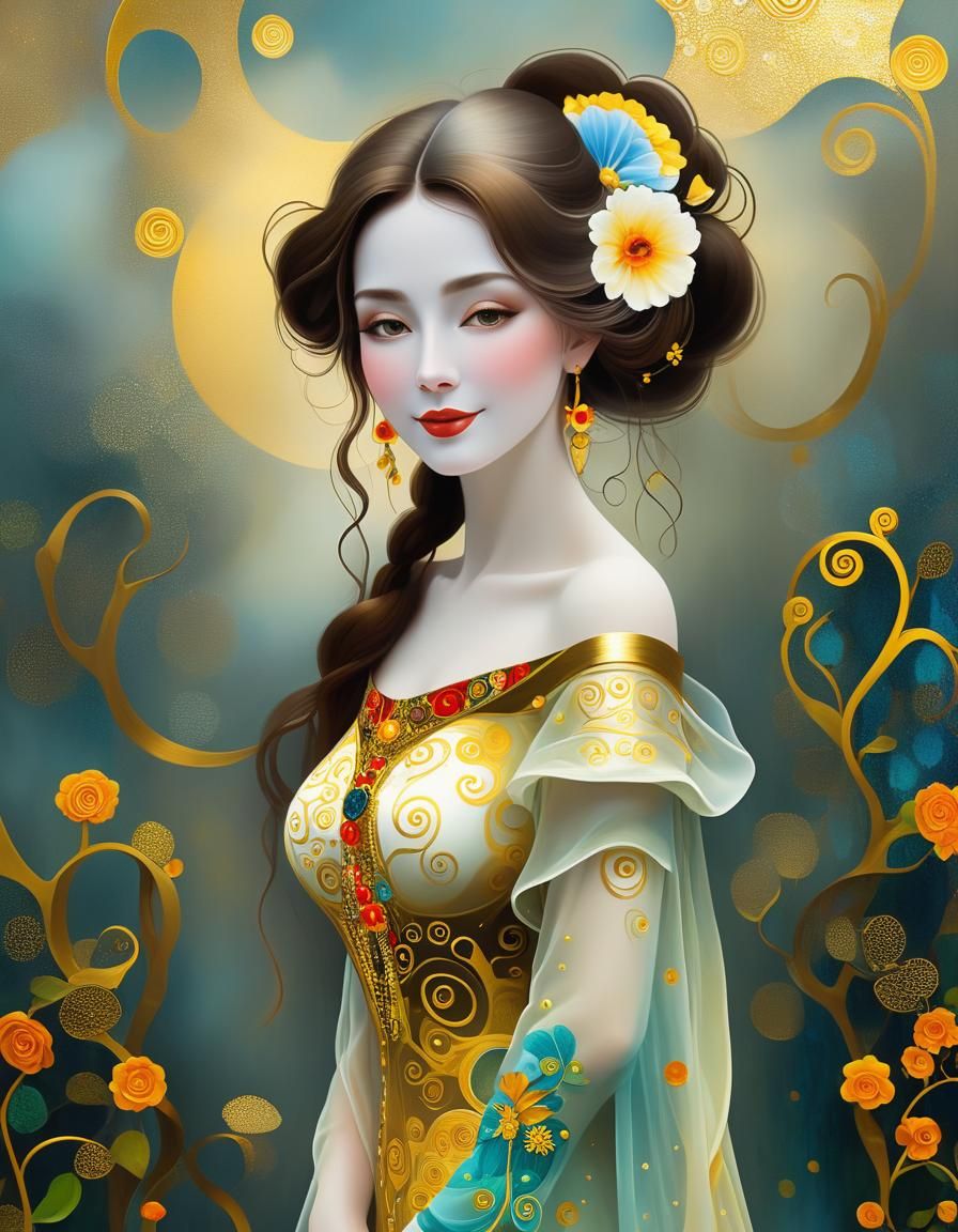 Smiling Lady in Mist, Gustav Klimt Style