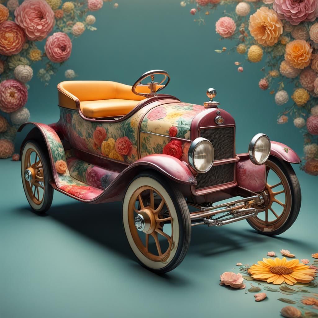 Floral Antique Pedal Car in Hyperrealistic Style