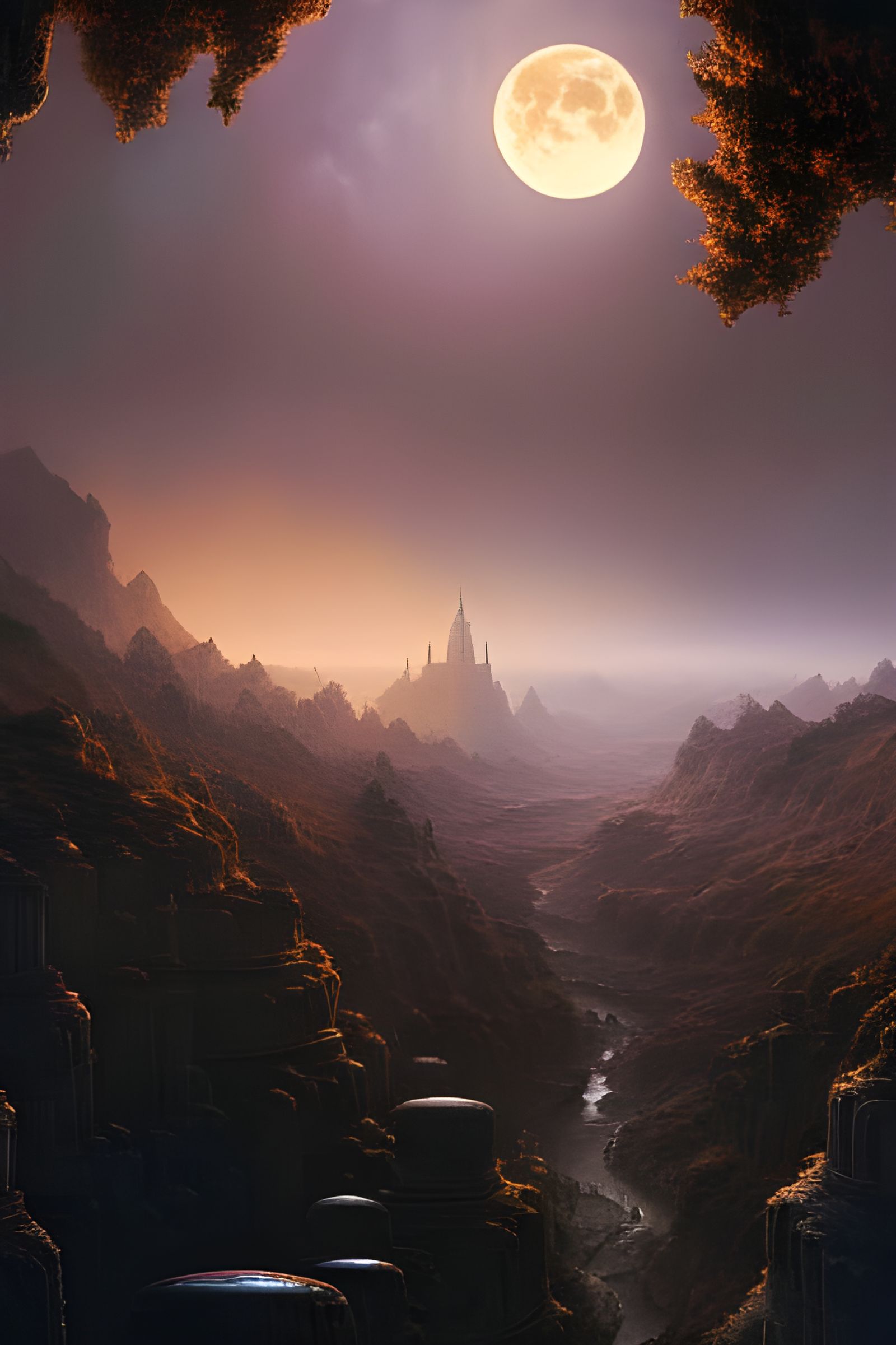 Fantasy Red Rock Valley Under Full Moon