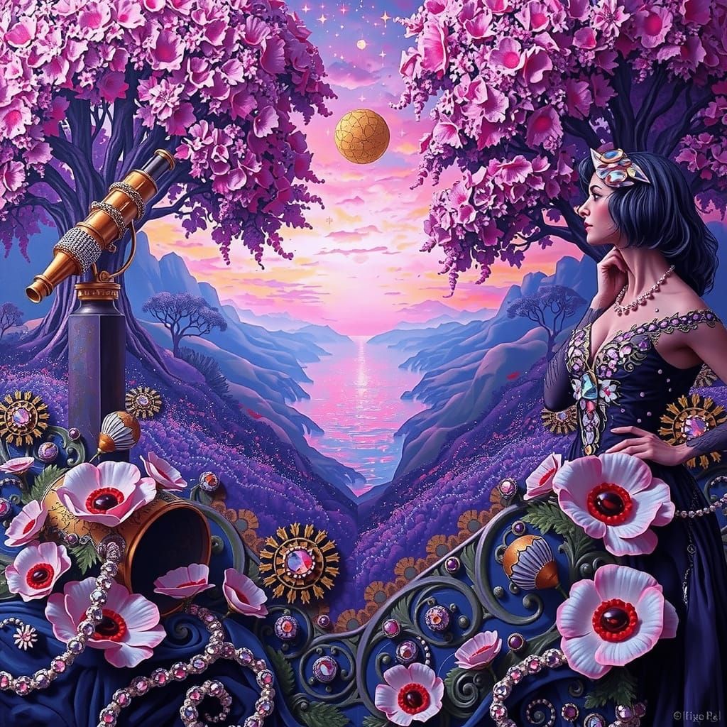 A Beautiful woman looking through a telescope view a stunnin...