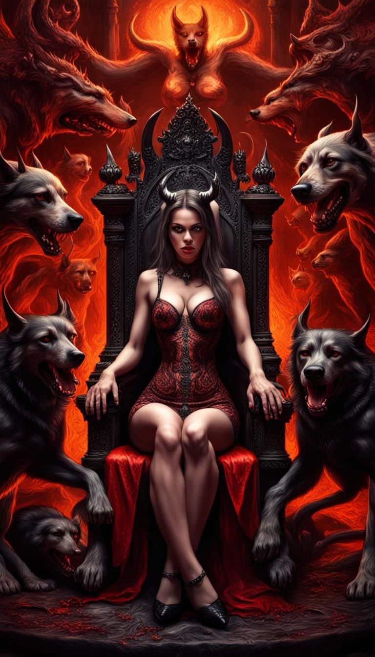 She Devil sitting on her throne in hell with her hellhounds by her side