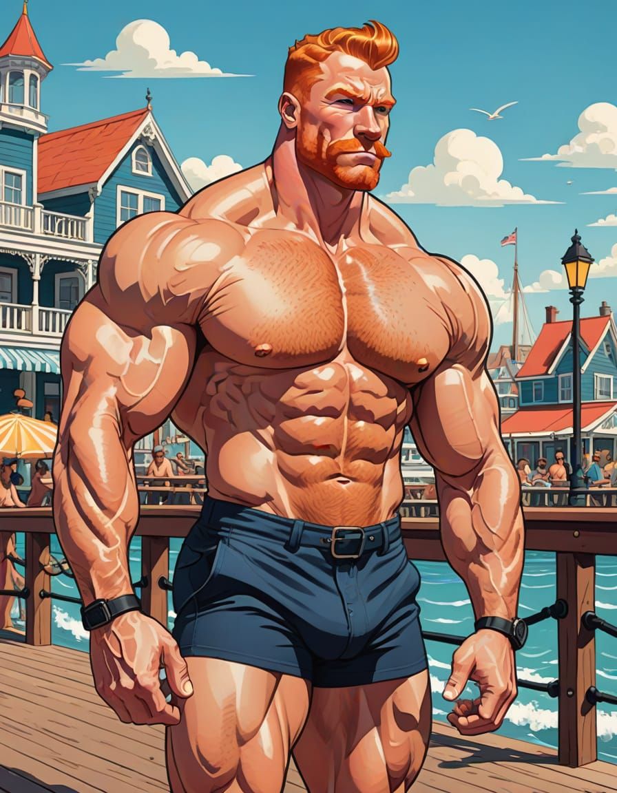 Comedic 2D Cartoon of Ginger Bodybuilder